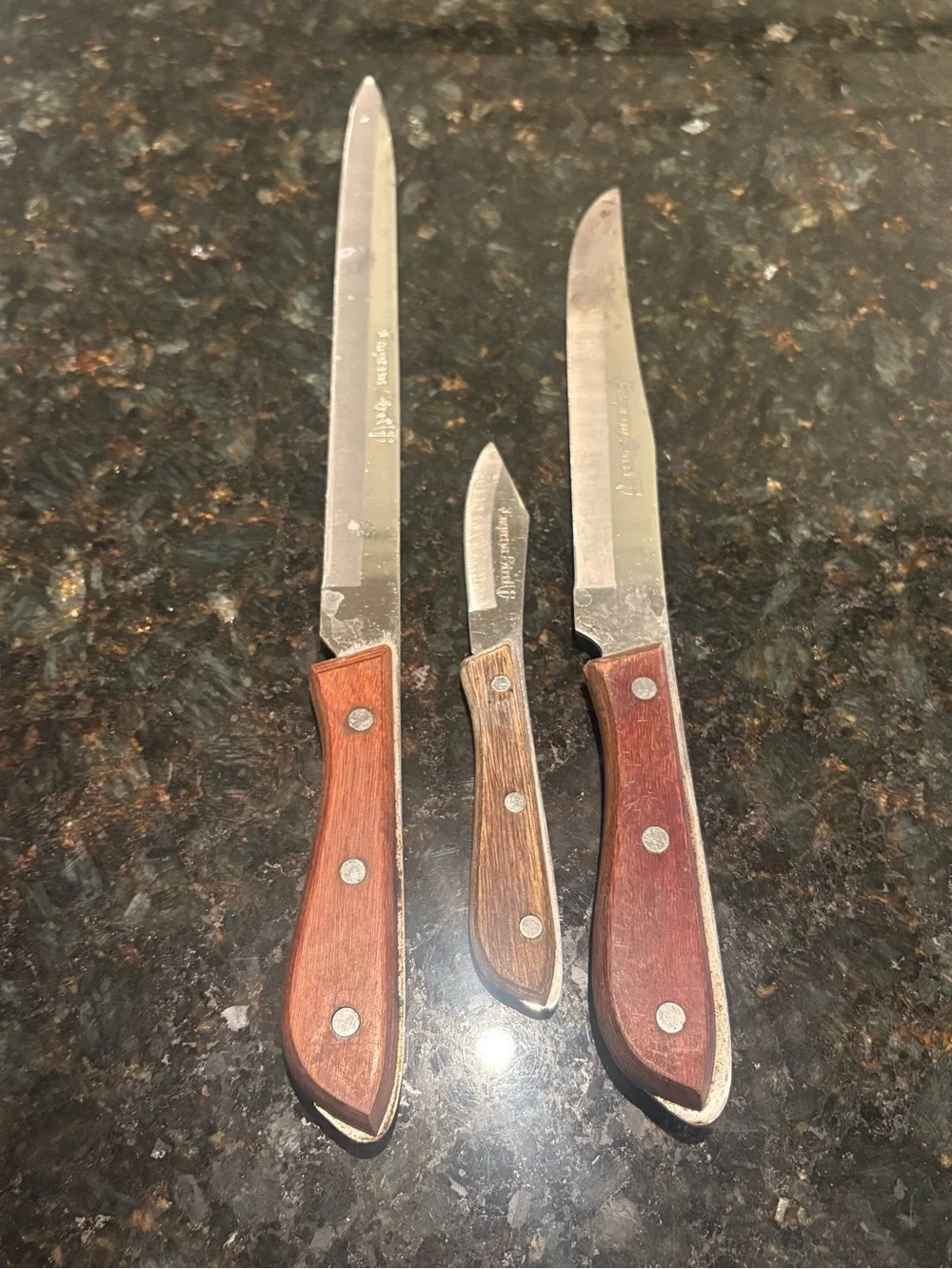 Vintage Emperor Steel 3 Pc Kitchen Knife Set Wood Handles Carving Utility